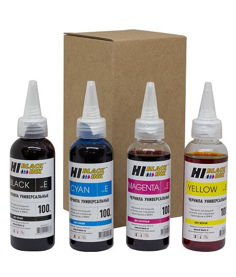 Комплект универсальных чернил Hi-Black для Epson (тип E), на водной основе, 4 цвета (4х100 мл.)